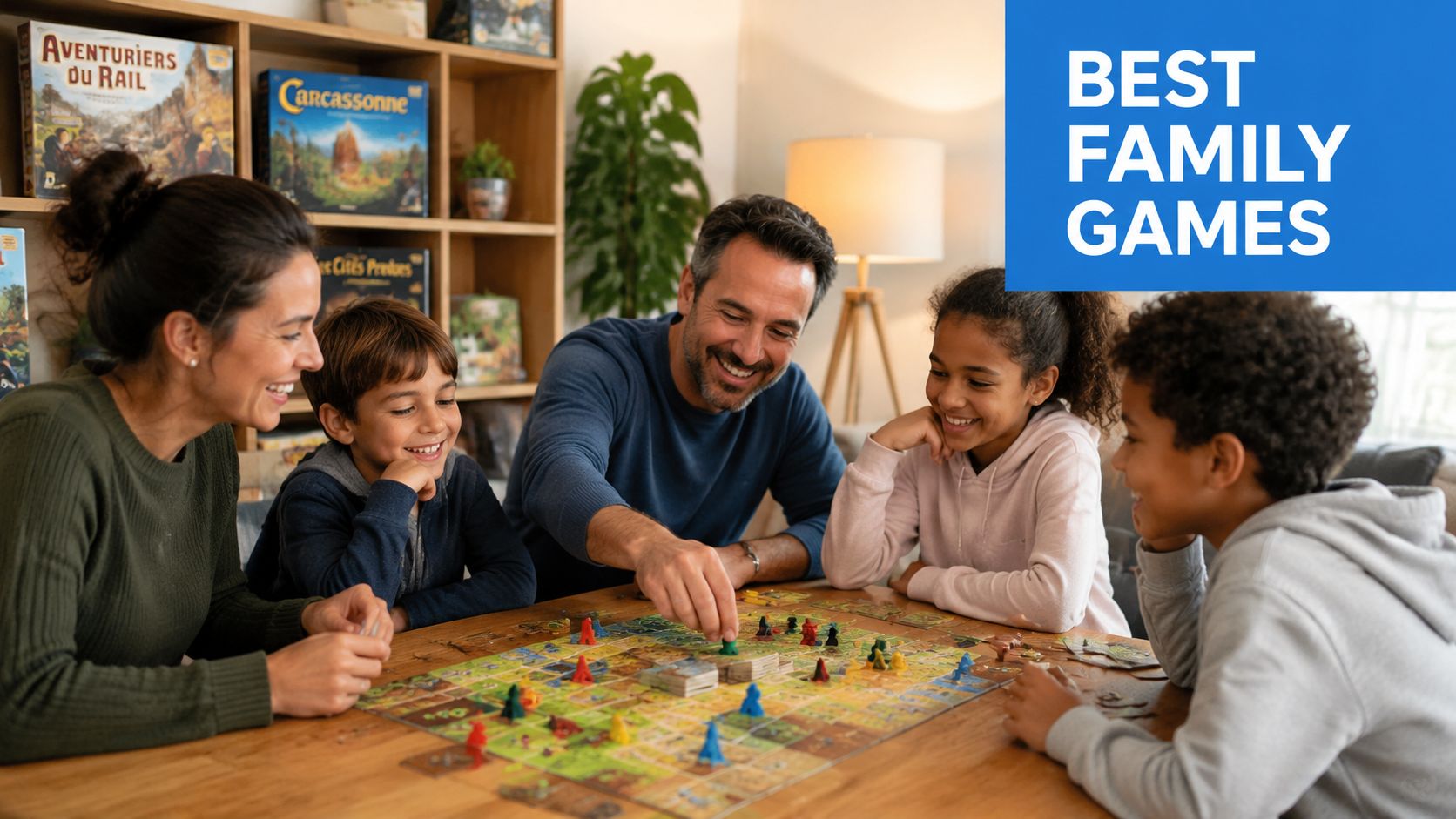 Une famille heureuse joue ensemble à un jeu de société sur une table en bois.