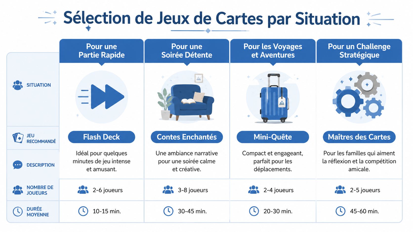 Tableau récapitulatif présentant une sélection de jeux de cartes adaptés selon différentes situations de jeu en famille.