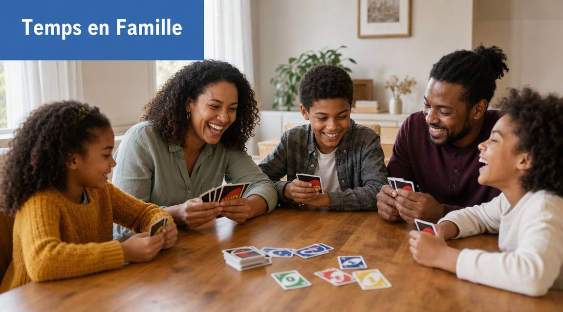 Une famille joyeuse composée de parents et de deux enfants jouant ensemble à un jeu de cartes.