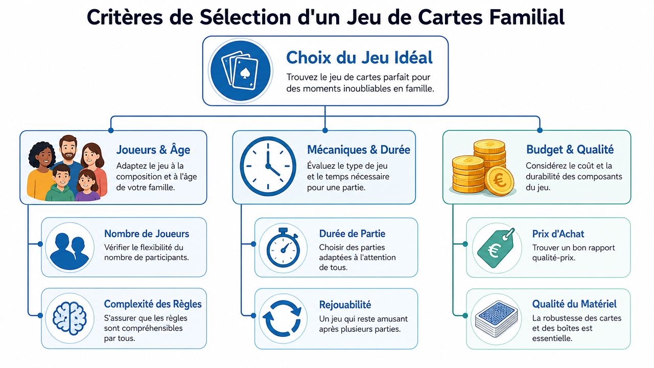 Schéma illustrant les critères essentiels pour choisir un jeu de cartes adapté aux familles.