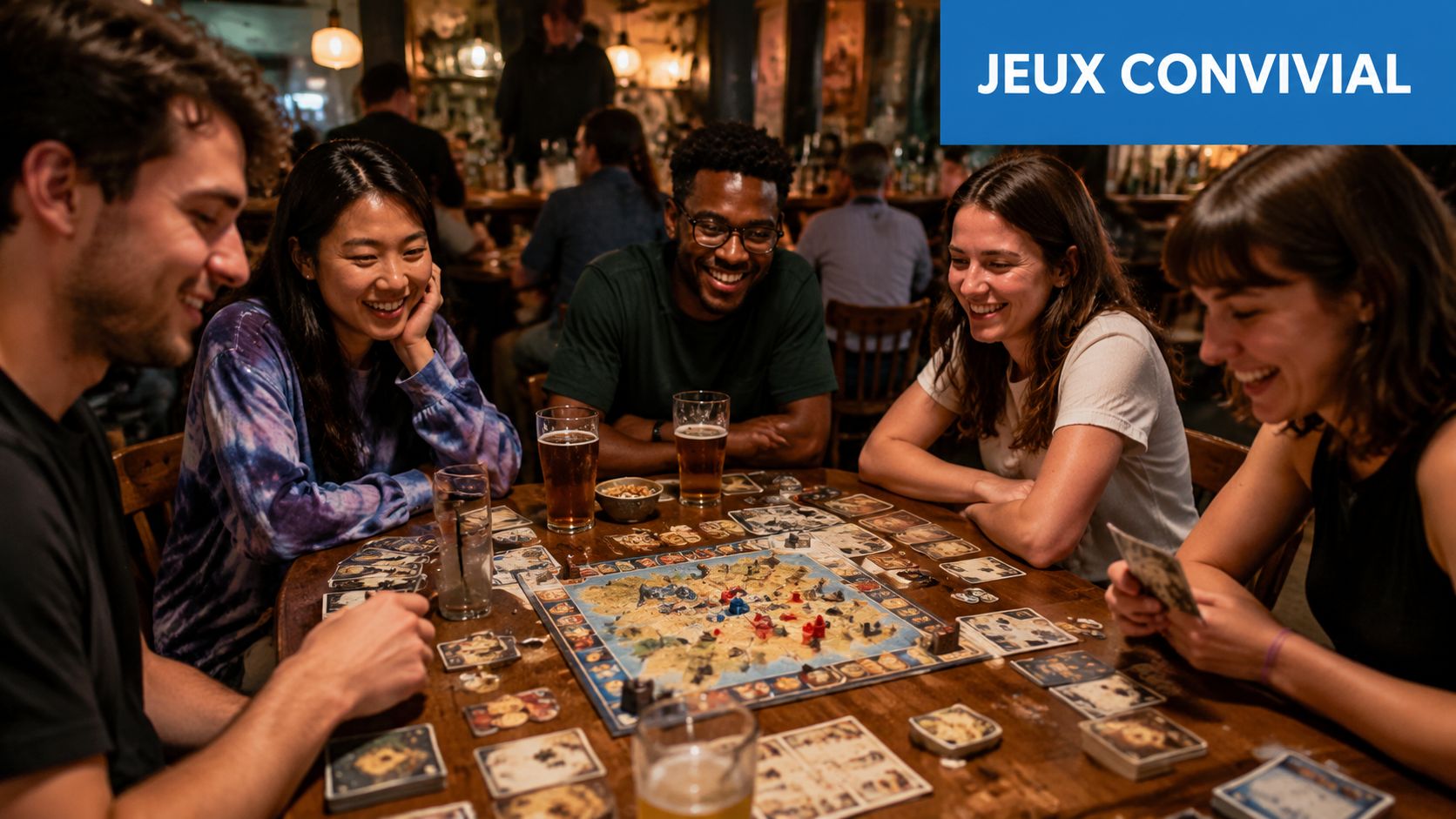 Un groupe d'amis souriants jouant ensemble à un jeu de société dans un bar convivial.