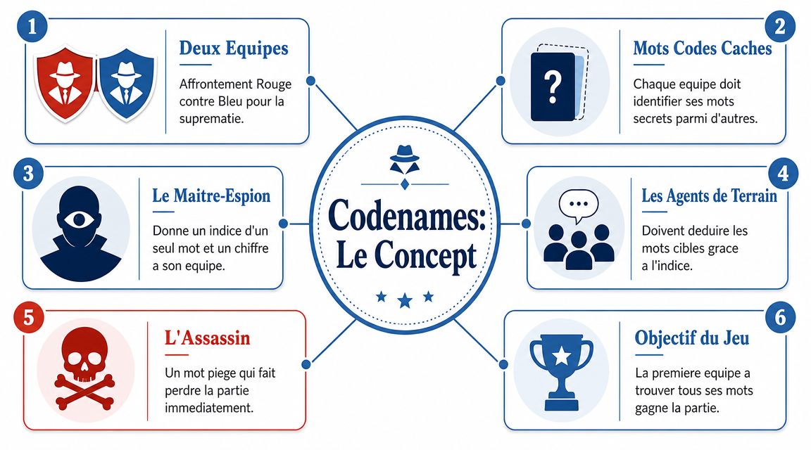 Une infographie explicative illustrant les règles et les concepts fondamentaux du jeu de société Codenames.