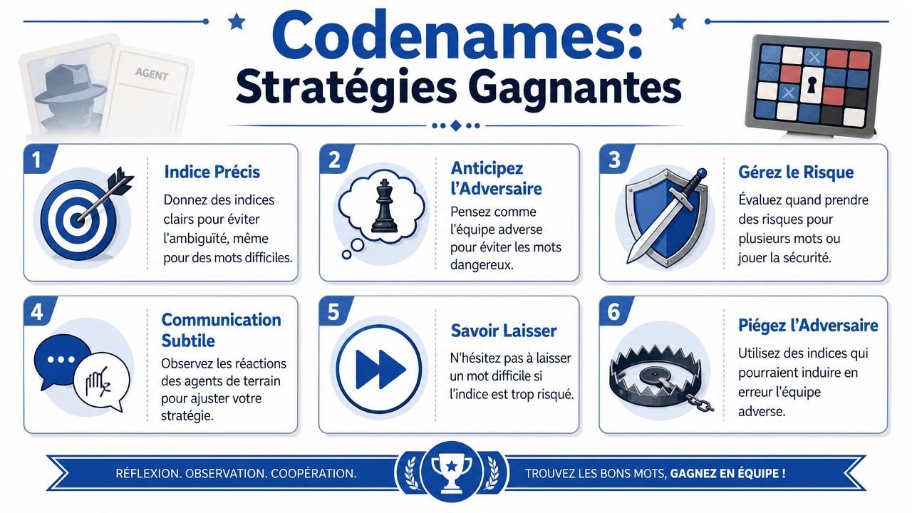 Une infographie montrant six stratégies gagnantes pour jouer au jeu de société Codenames efficacement.