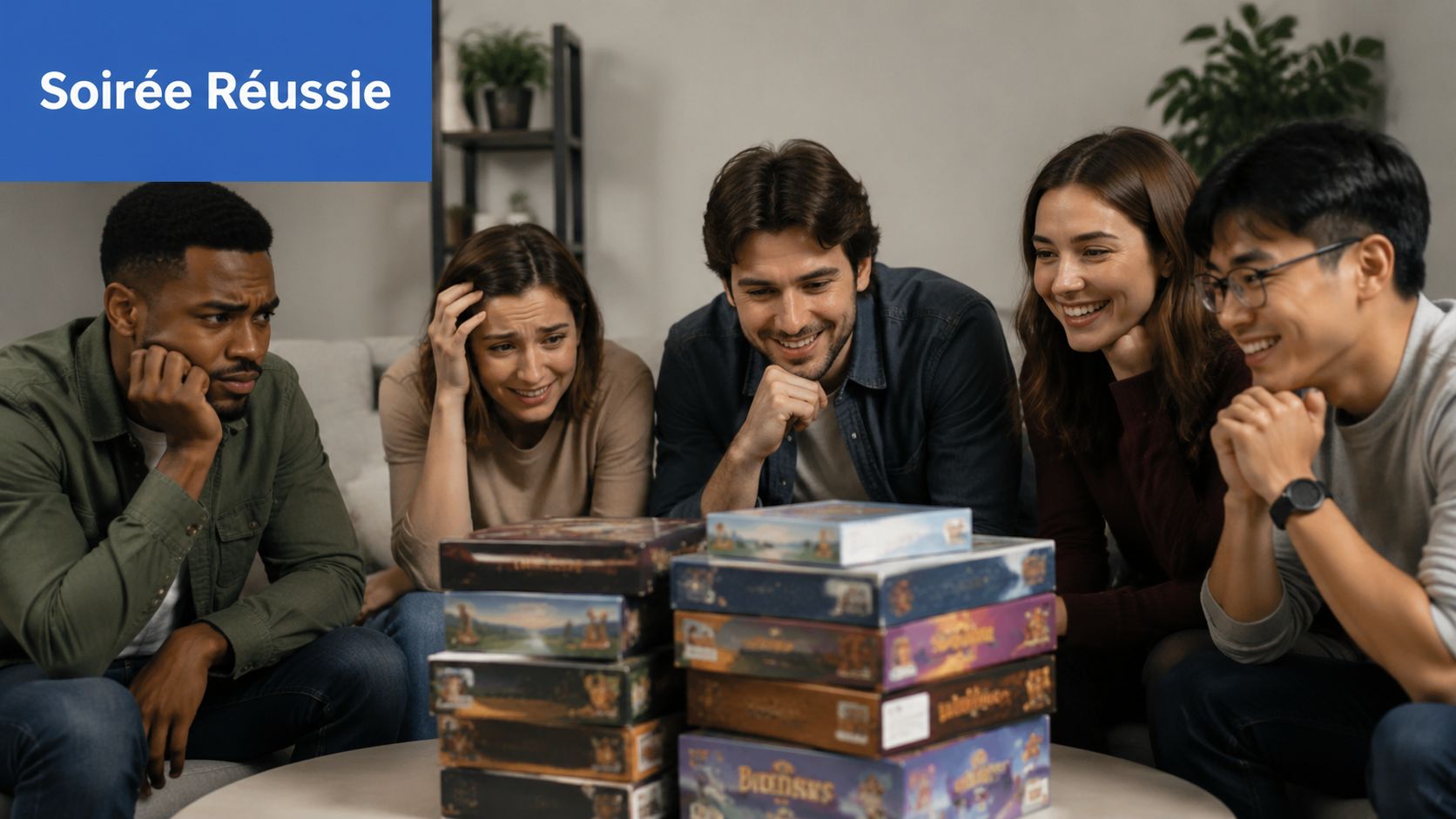 Quatre amis sont assis autour d'une table basse remplie de boîtes de jeux de société pour une soirée.