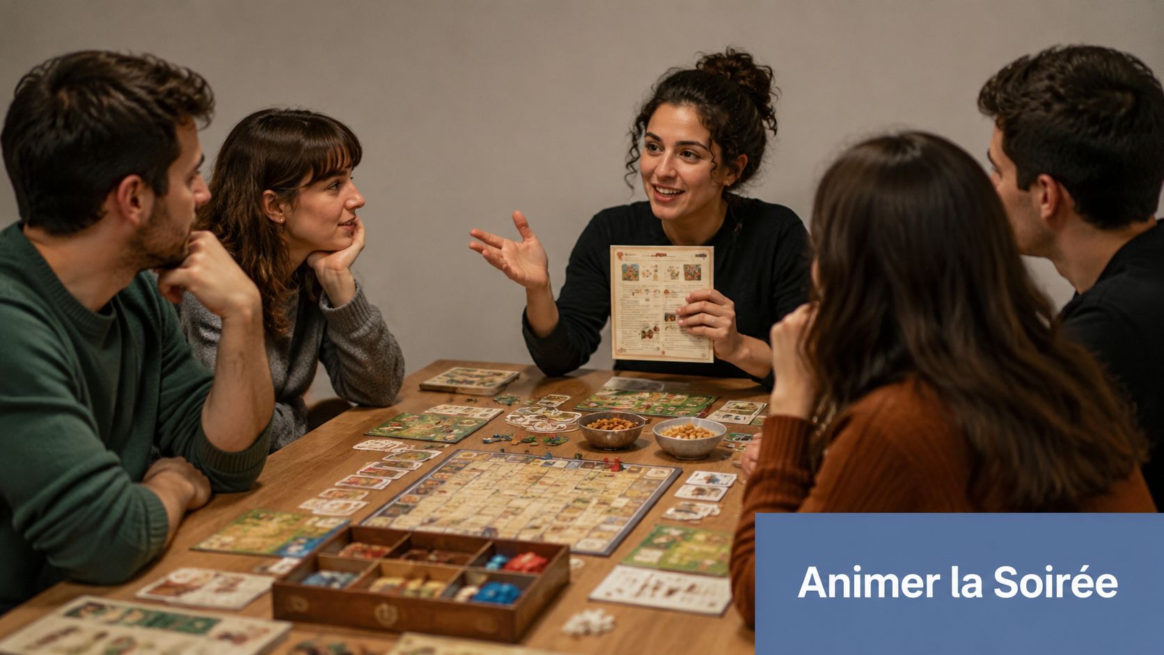 Un groupe d'amis souriants en train de jouer à un jeu de société autour d'une table en bois.