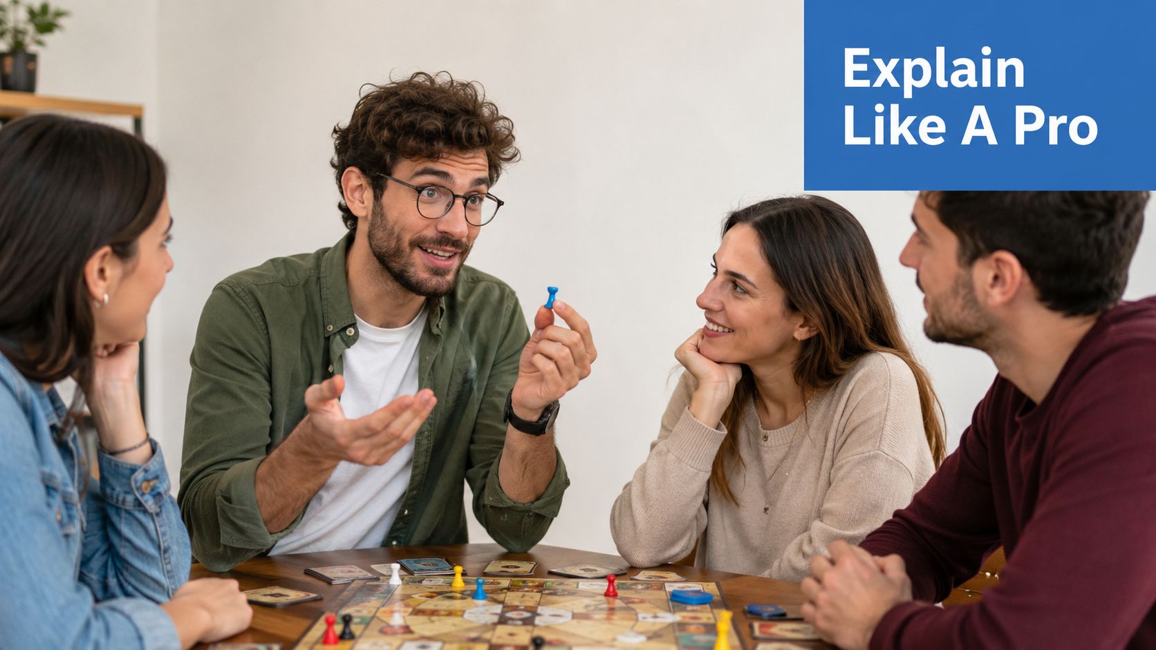Quatre amis souriants assis autour d'une table en bois jouant ensemble à un jeu de plateau animé.