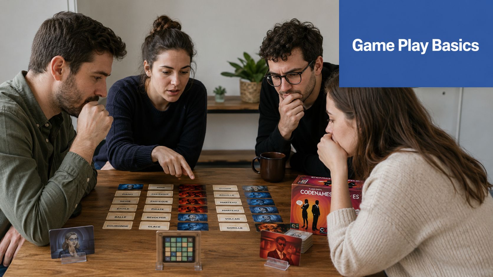 Quatre amis sont assis autour d'une table en bois en train de jouer au jeu de société Codenames.