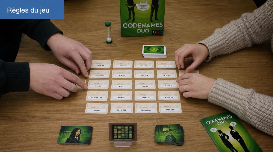 Deux personnes jouent à une partie de Codenames Duo avec des cartes de mots sur une table.