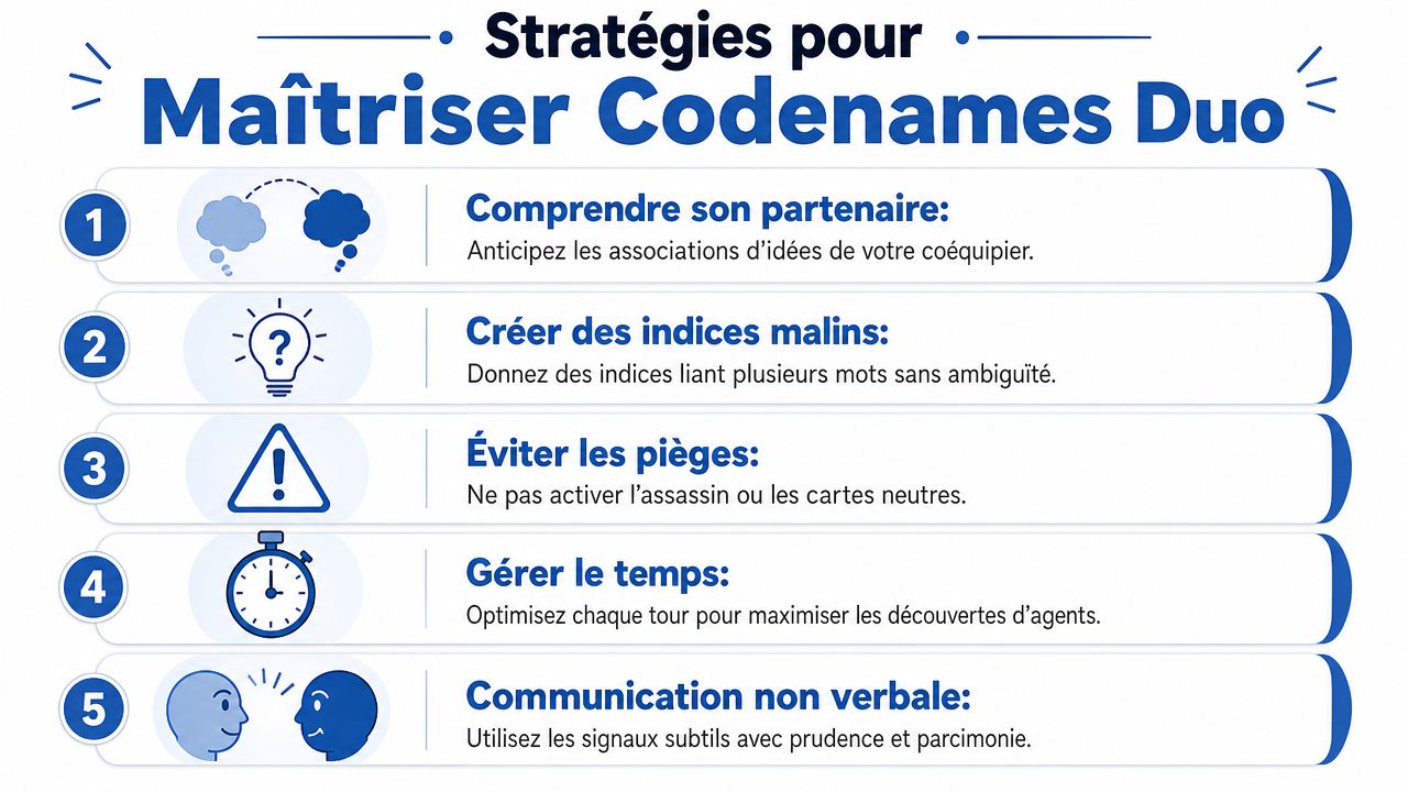 Une infographie listant cinq stratégies clés pour maîtriser le jeu de société Codenames Duo avec des icônes.