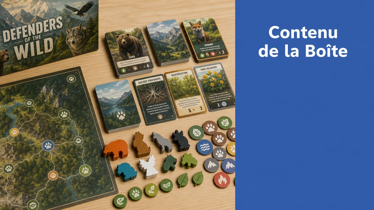 Vue d'ensemble des composants du jeu de plateau Defenders of the Wild disposés sur une table.