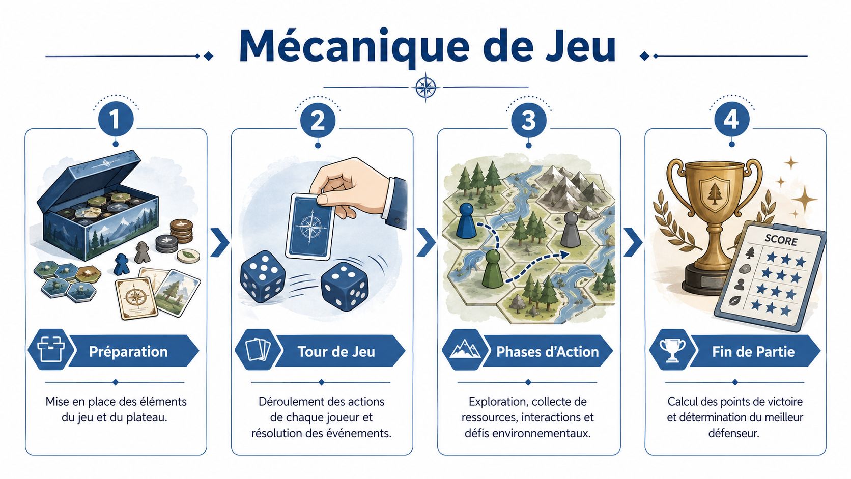 Une infographie en quatre étapes expliquant le déroulement mécanique d'un jeu de société sur le thème de la nature.