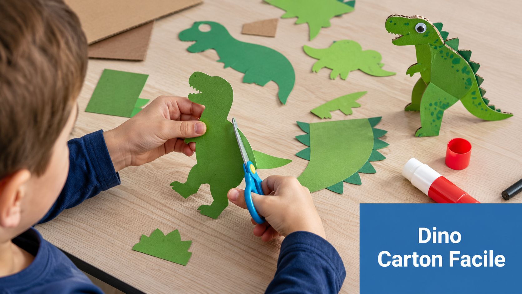 Un enfant découpe une silhouette de dinosaure en papier vert pour créer des projets de loisirs créatifs.