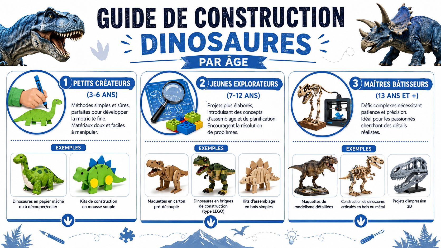 Guide pédagogique de construction de dinosaures classé par tranches d'âge pour les enfants et les adolescents.