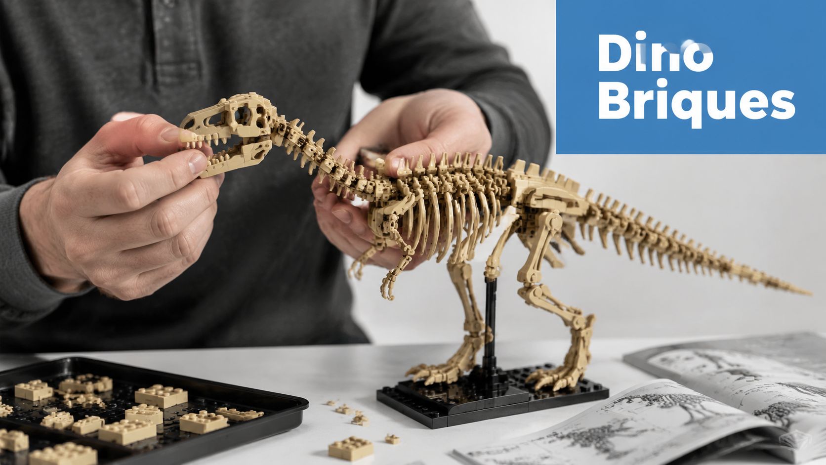 Une personne assemble un squelette de dinosaure détaillé en briques de construction de style Lego sur une table.