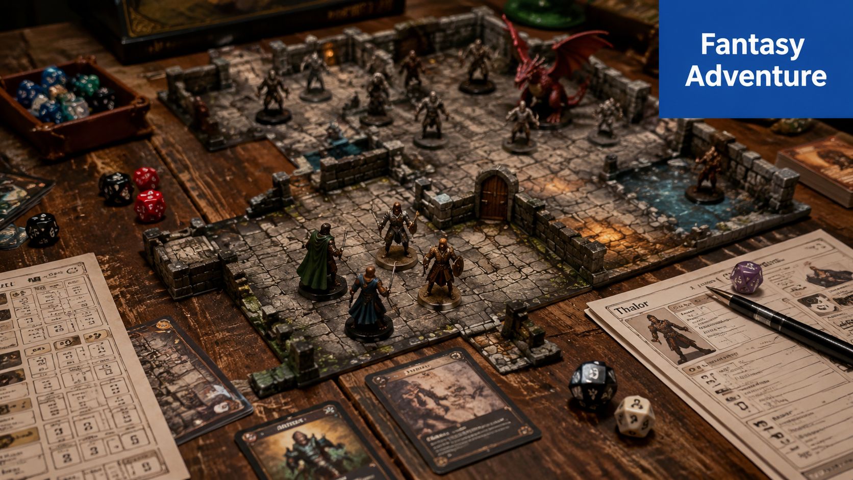 Un plateau de jeu de rôle fantastique avec des figurines, des dés et des fiches de personnage.