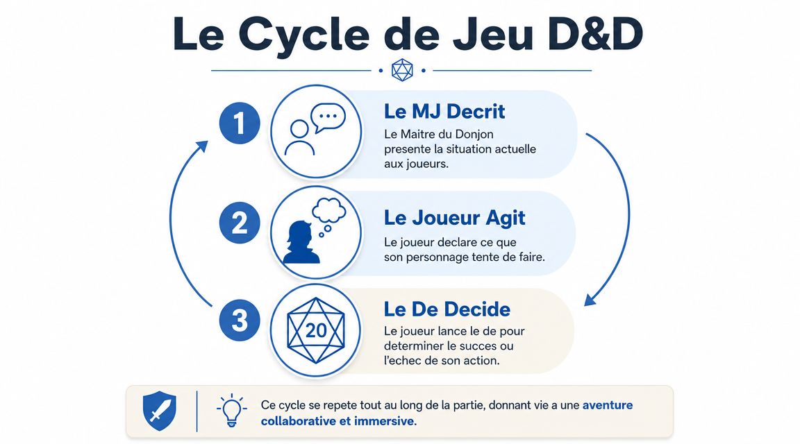 Un schéma en trois étapes expliquant le cycle de jeu de base dans le jeu Donjons et Dragons.