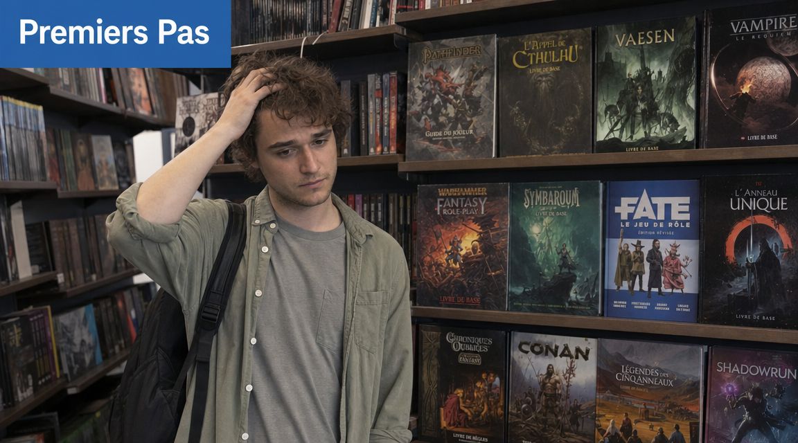 Un jeune homme réfléchit devant une étagère remplie de livres de jeux de rôle dans une librairie.