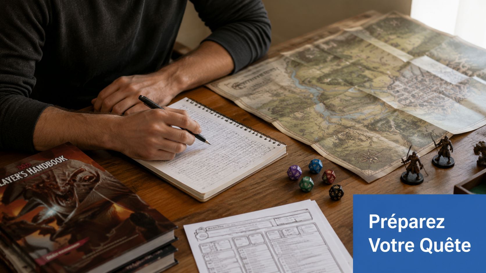 Une personne prépare une campagne de jeu de rôle Donjons et Dragons avec des dés, une carte et un livre.