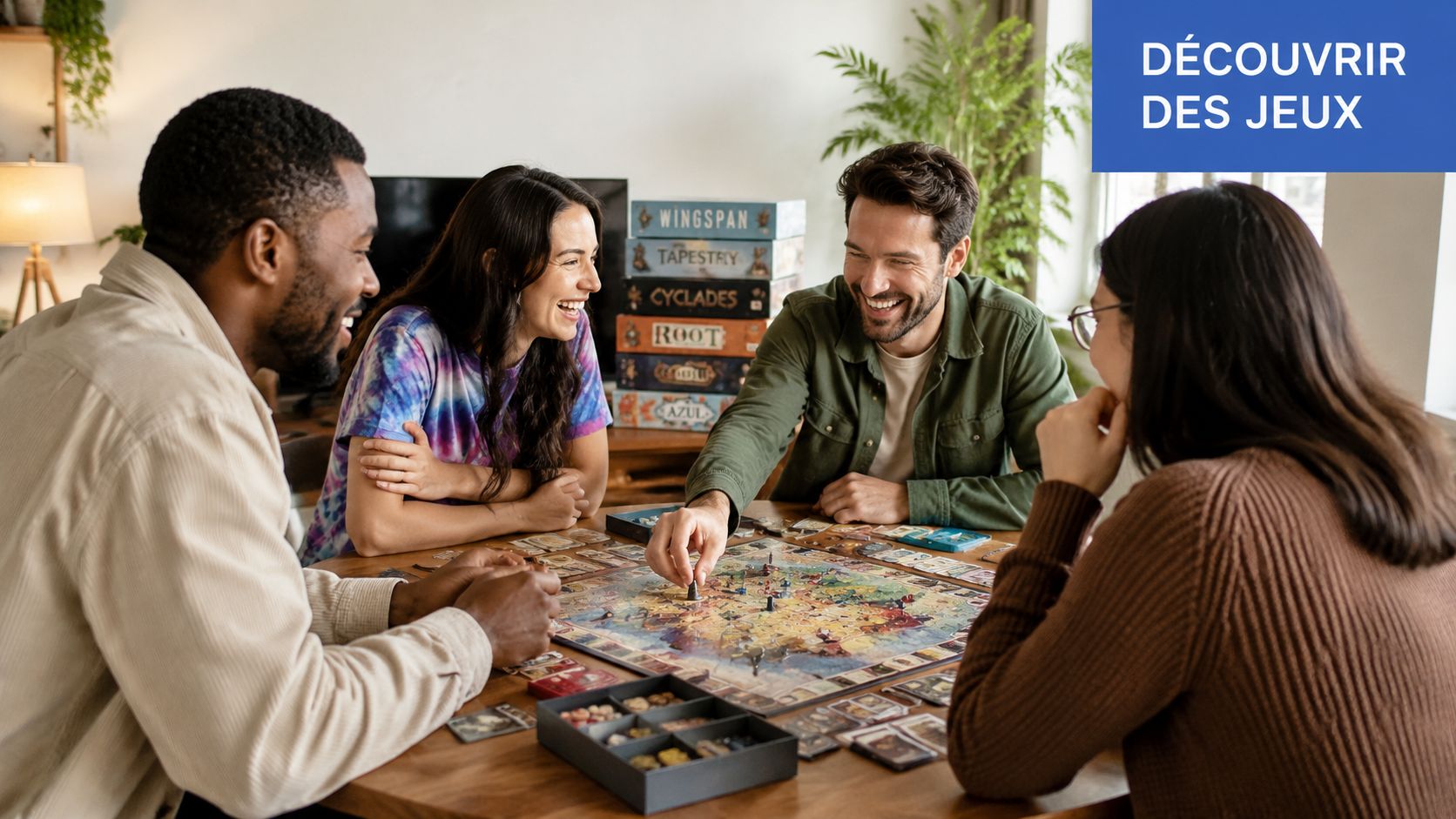Quatre amis souriants partagent un moment convivial autour d'un jeu de société dans un salon lumineux.