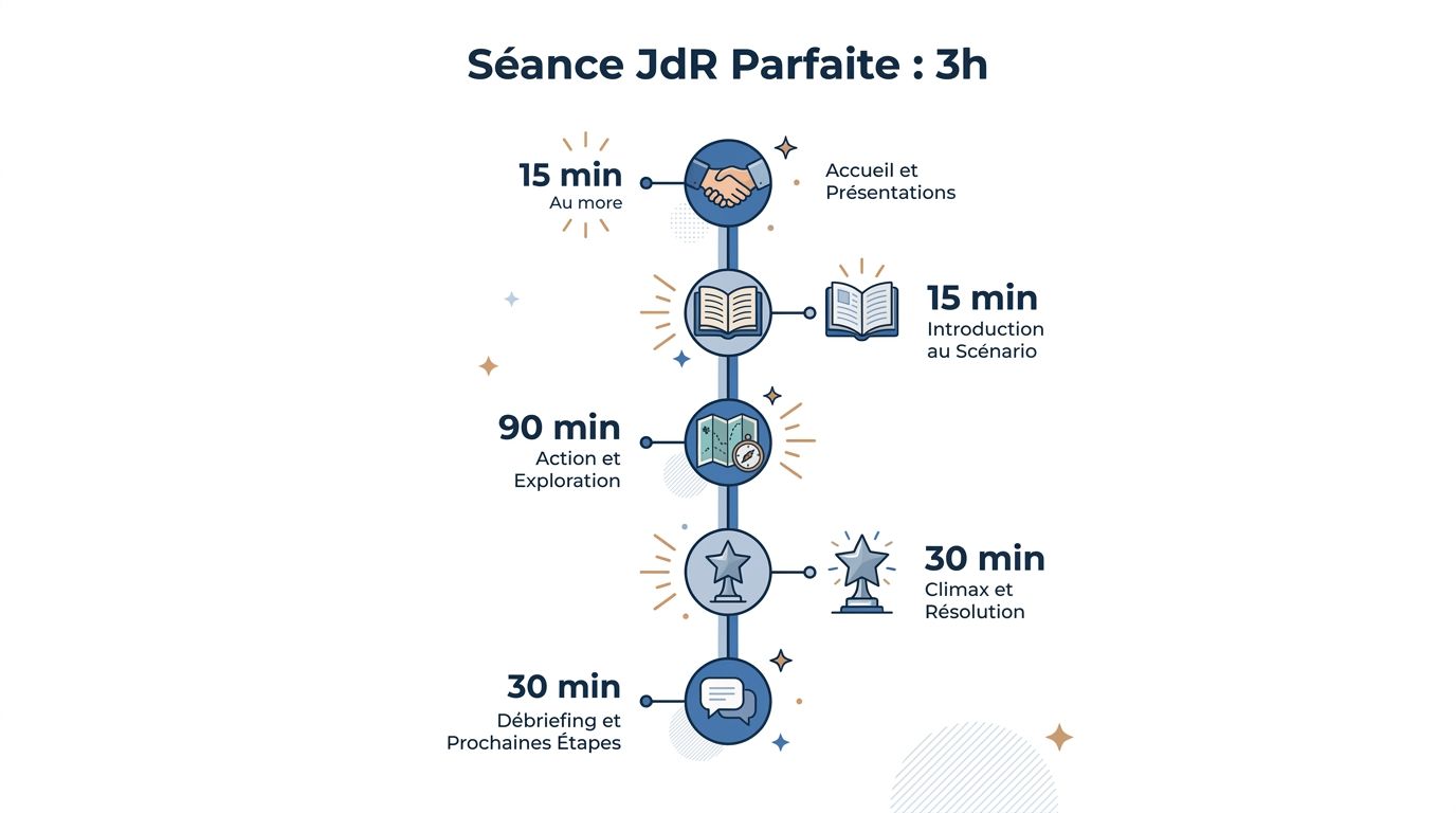Une infographie montrant la structure recommandée d'une séance de jeu de rôle de trois heures au total.