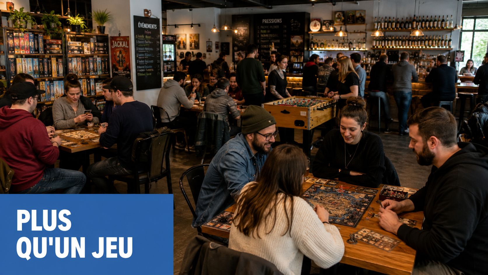 Des amis jouent ensemble à des jeux de société dans un bar chaleureux et animé en France.