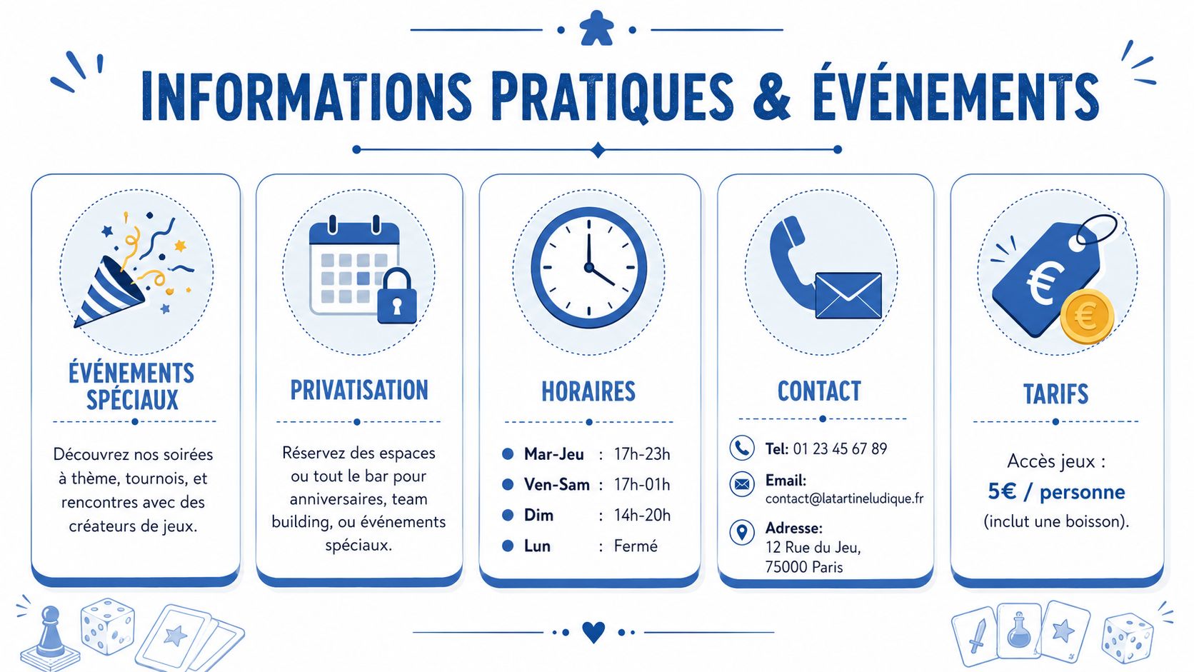 Infographie présentant les informations pratiques, horaires et tarifs d'un bar à jeux situé à Paris.