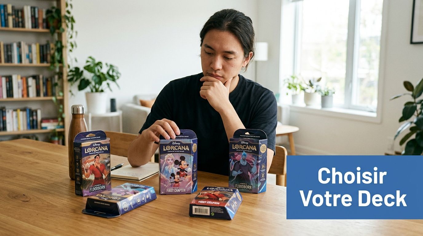 Un jeune homme assis à une table en bois choisit parmi plusieurs boîtes de jeu de cartes Disney Lorcana.