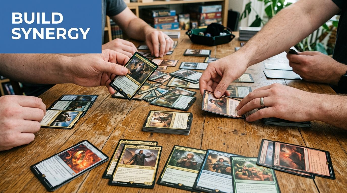 Des amis jouent à une partie de cartes à collectionner Le Seigneur des Anneaux autour d'une table.