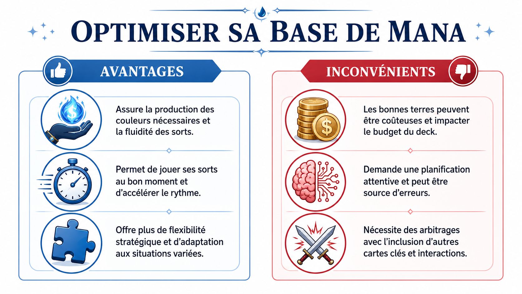 Infographie présentant les avantages et les inconvénients de l'optimisation d'une base de mana dans un jeu.