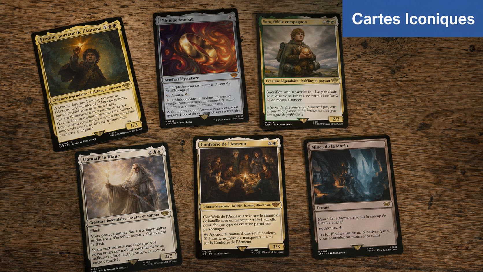 Une sélection de cartes à collectionner Magic The Gathering illustrant des personnages et lieux du Seigneur des Anneaux.