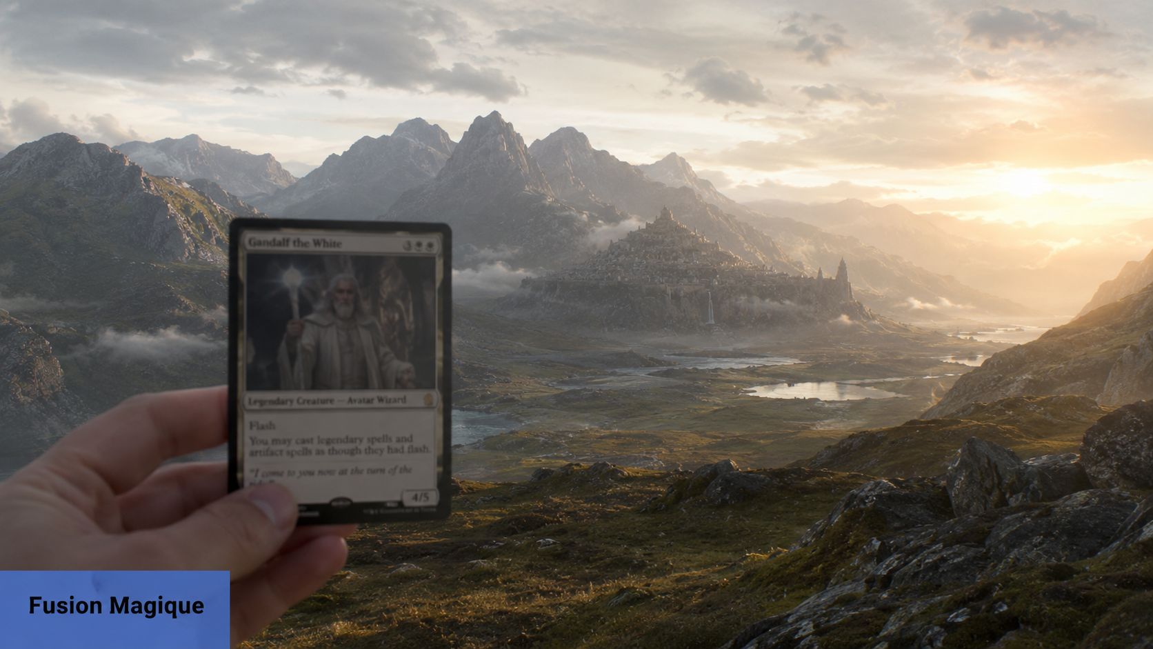 Une main tient une carte Magic représentant Gandalf le Blanc devant un paysage épique inspiré de la Terre du Milieu.
