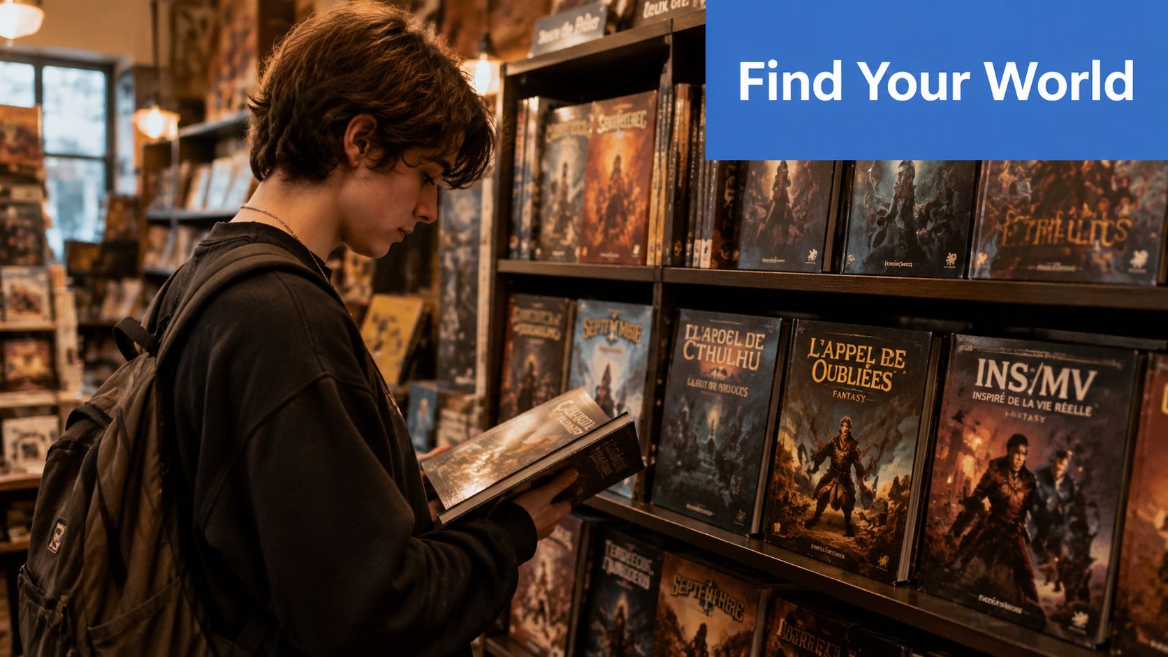 Un jeune homme lit un livre de jeu de rôle dans une librairie spécialisée avec des étagères.