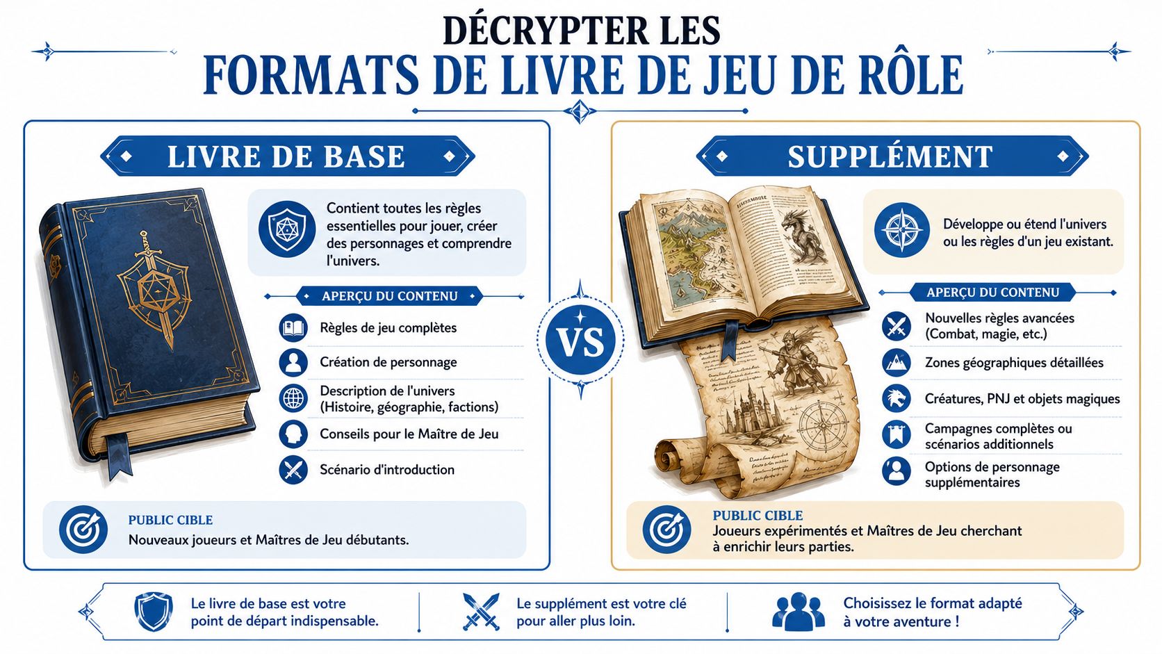 Infographie comparant les formats de livres de jeu de rôle : le livre de base et les suppléments.
