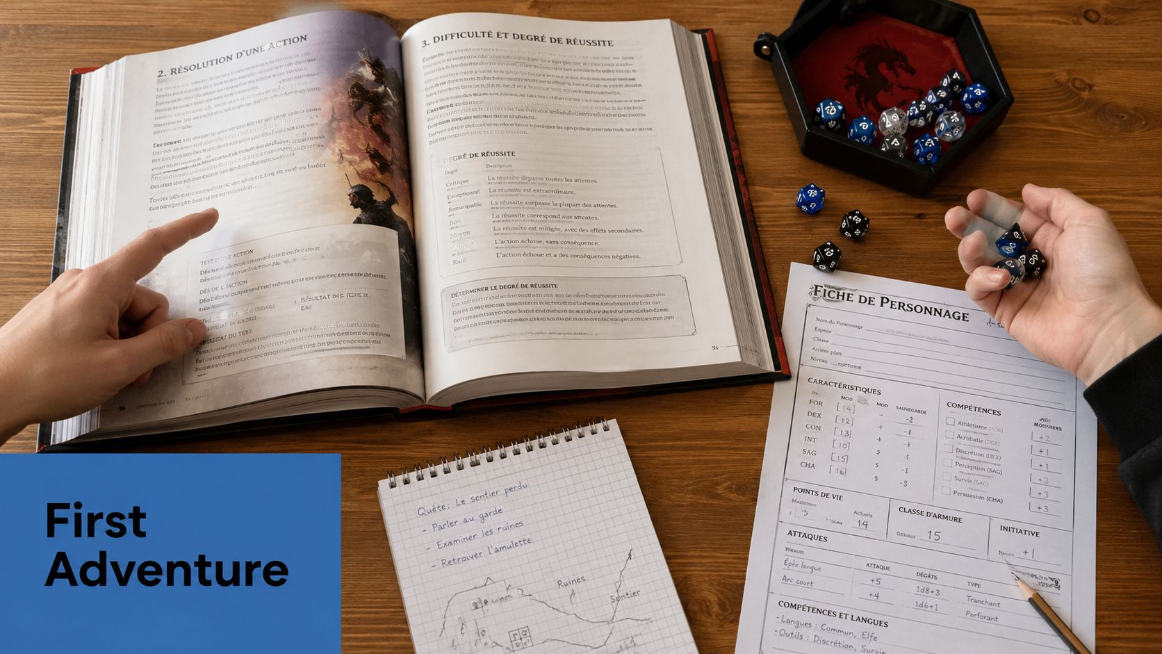 Une personne consulte un livre de jeu de rôle tandis qu'une autre prépare une fiche de personnage.