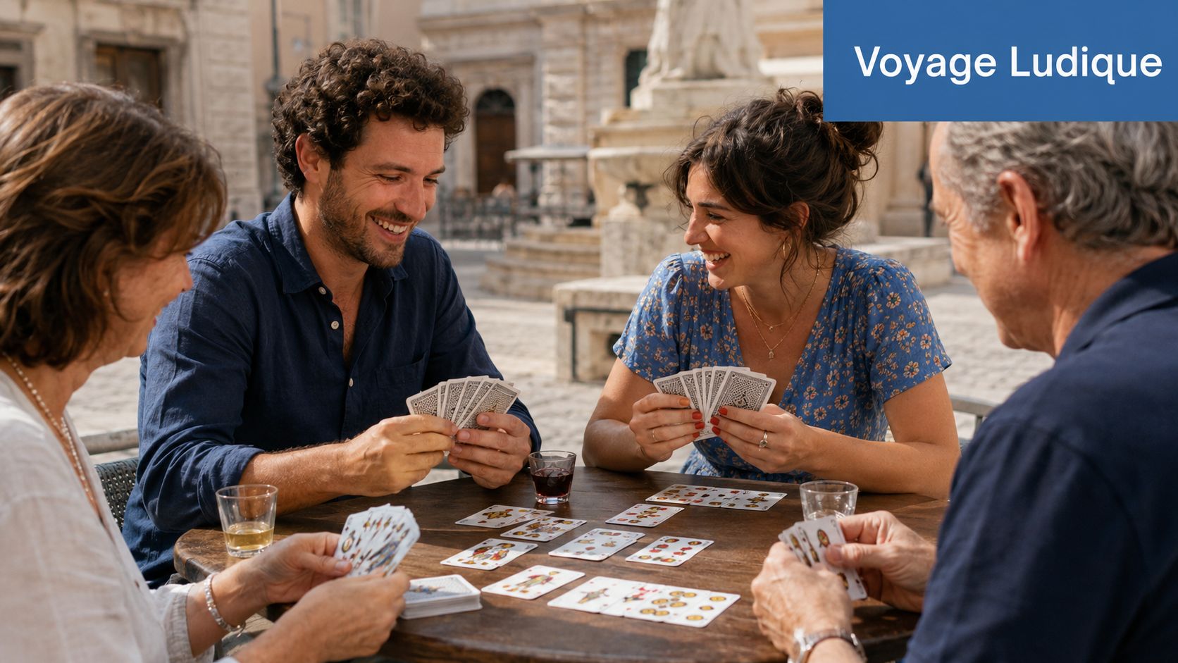 Quatre amis souriants jouent aux cartes ensemble autour d'une table en terrasse sur une place italienne.