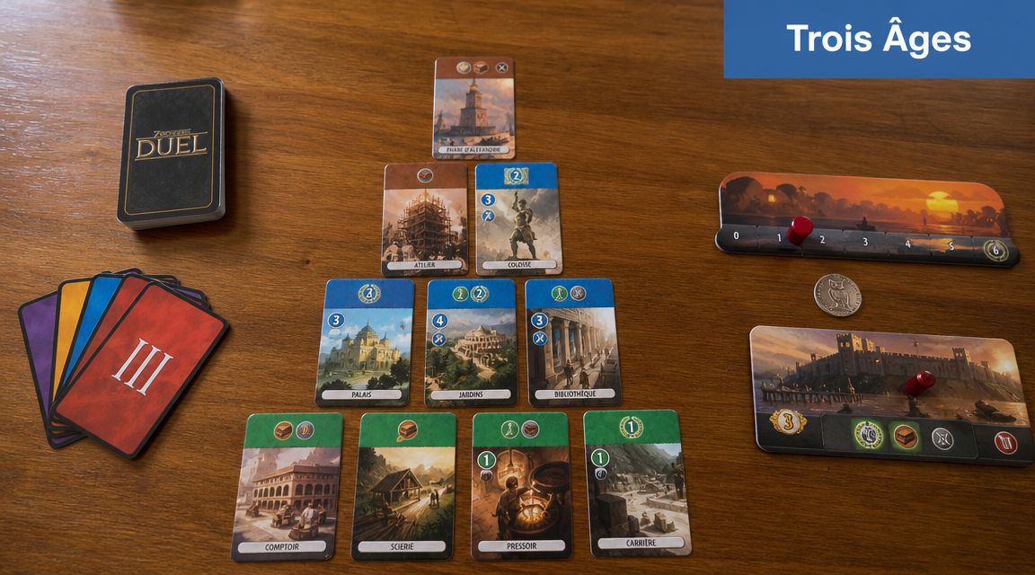 Une vue de dessus d'une partie du jeu de société Seven Wonders Duel sur une table en bois.