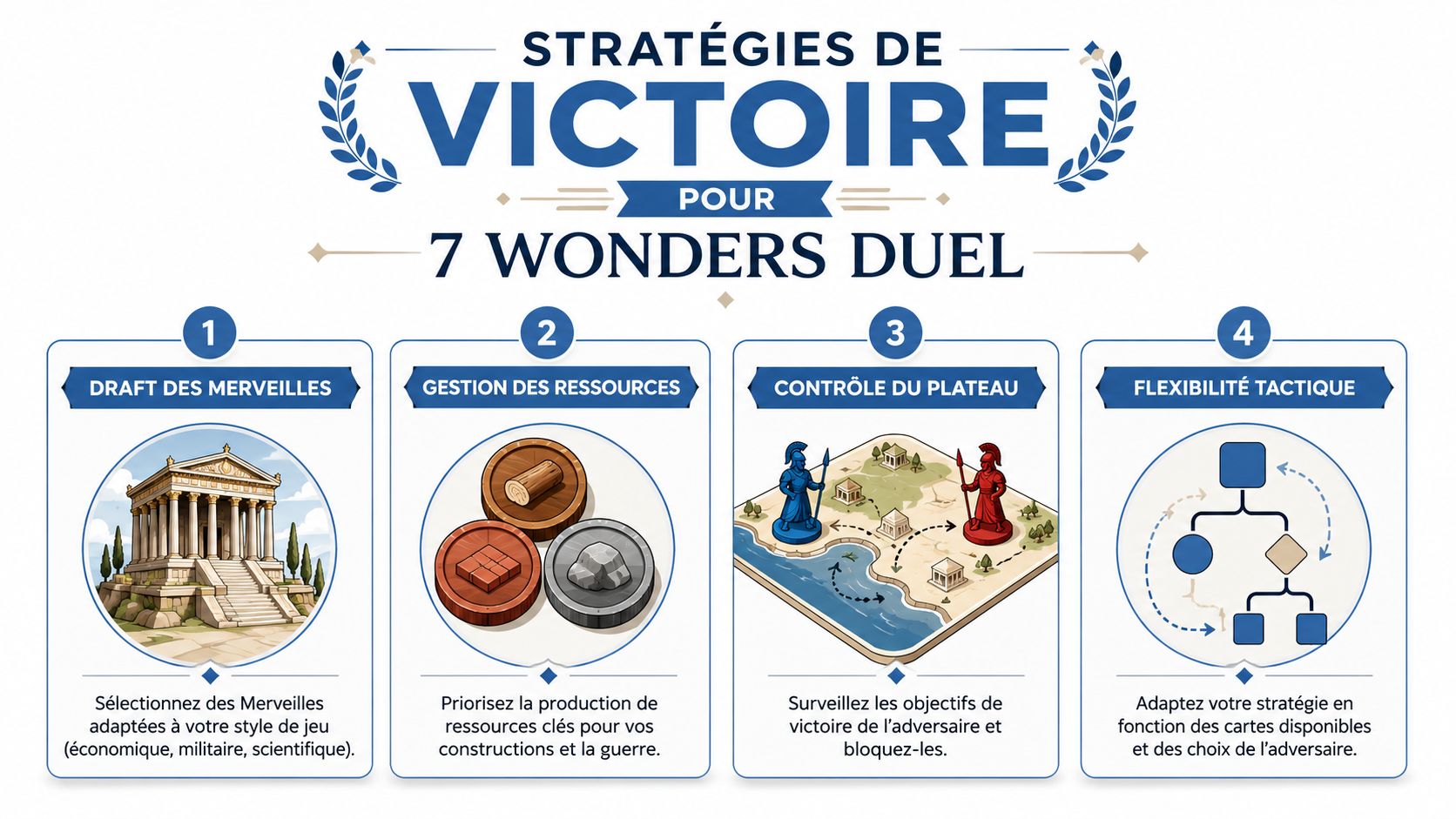Une infographie présentant quatre stratégies de victoire pour le jeu de société 7 Wonders Duel.