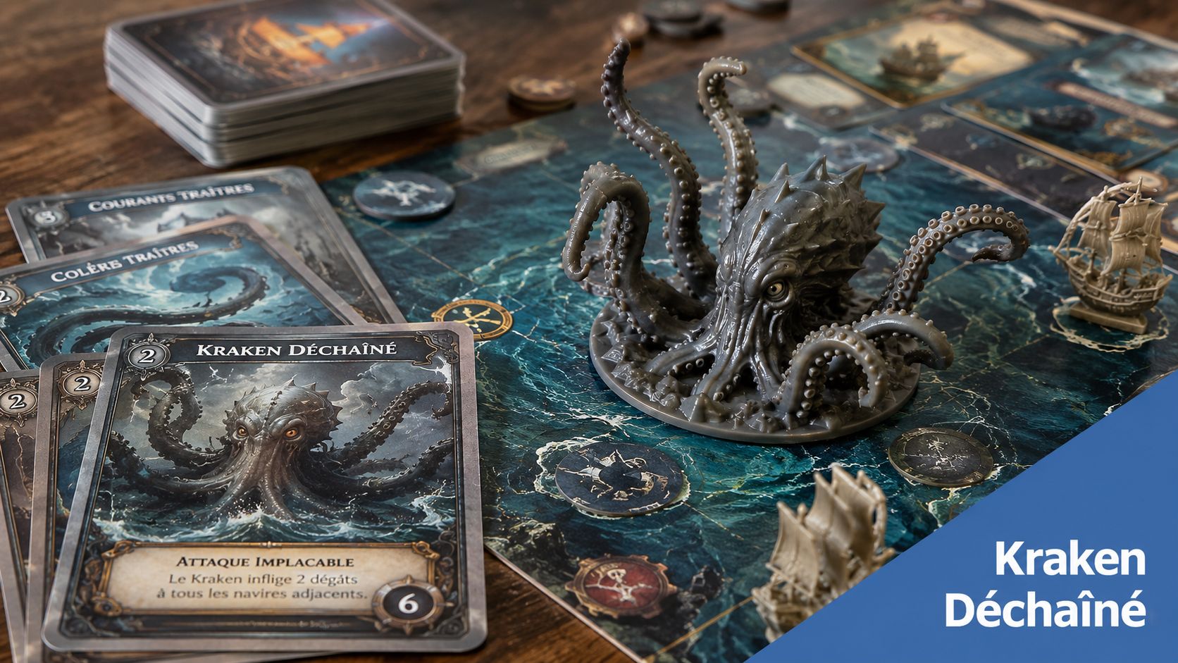 Une figurine de kraken gris sur un plateau de jeu, accompagnée de cartes de combat et de navires miniatures.