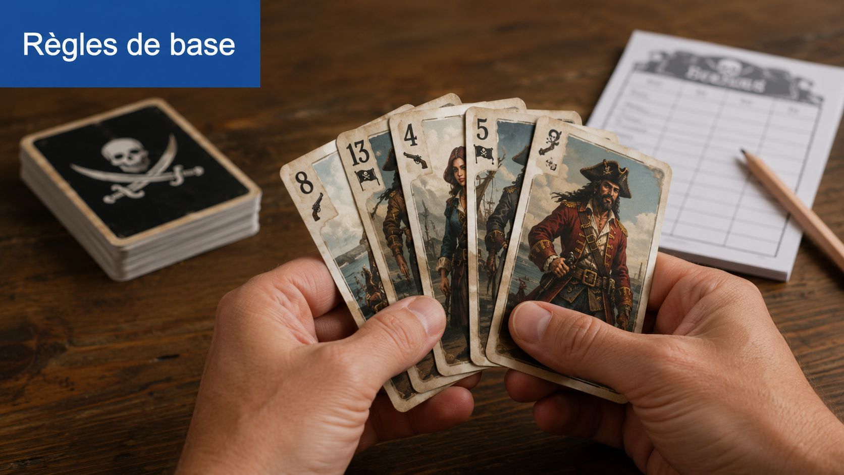 Une personne tient une main de cartes à jouer sur le thème des pirates sur une table en bois.