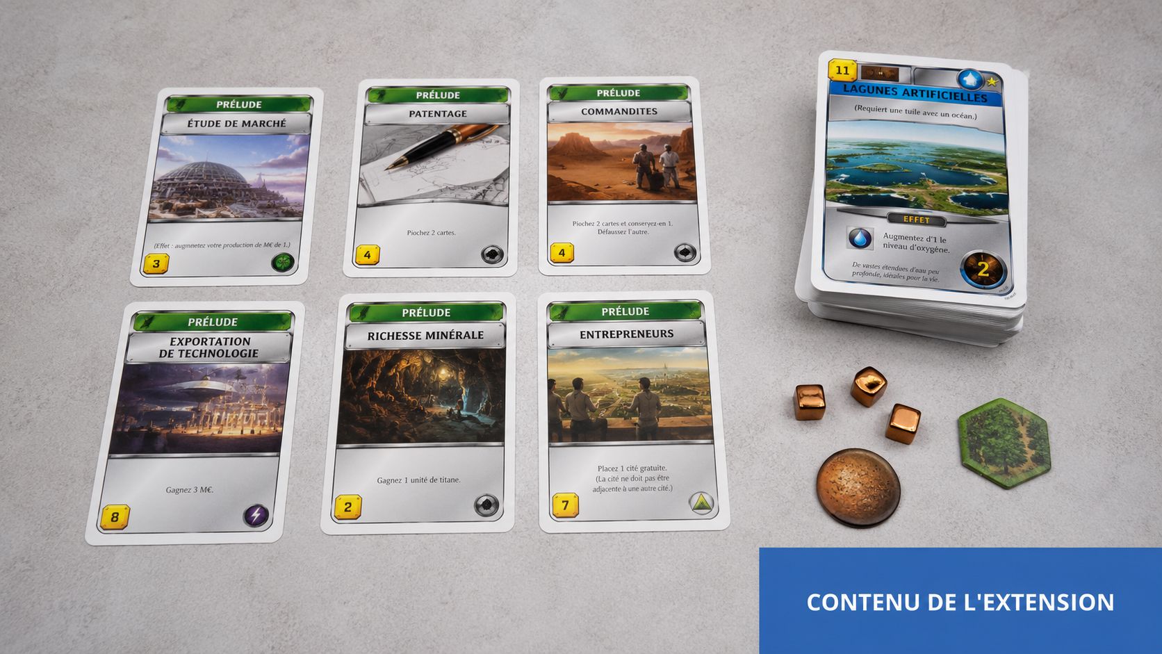 Cartes et jetons du jeu de plateau Terraforming Mars Prelude disposés sur une surface claire.