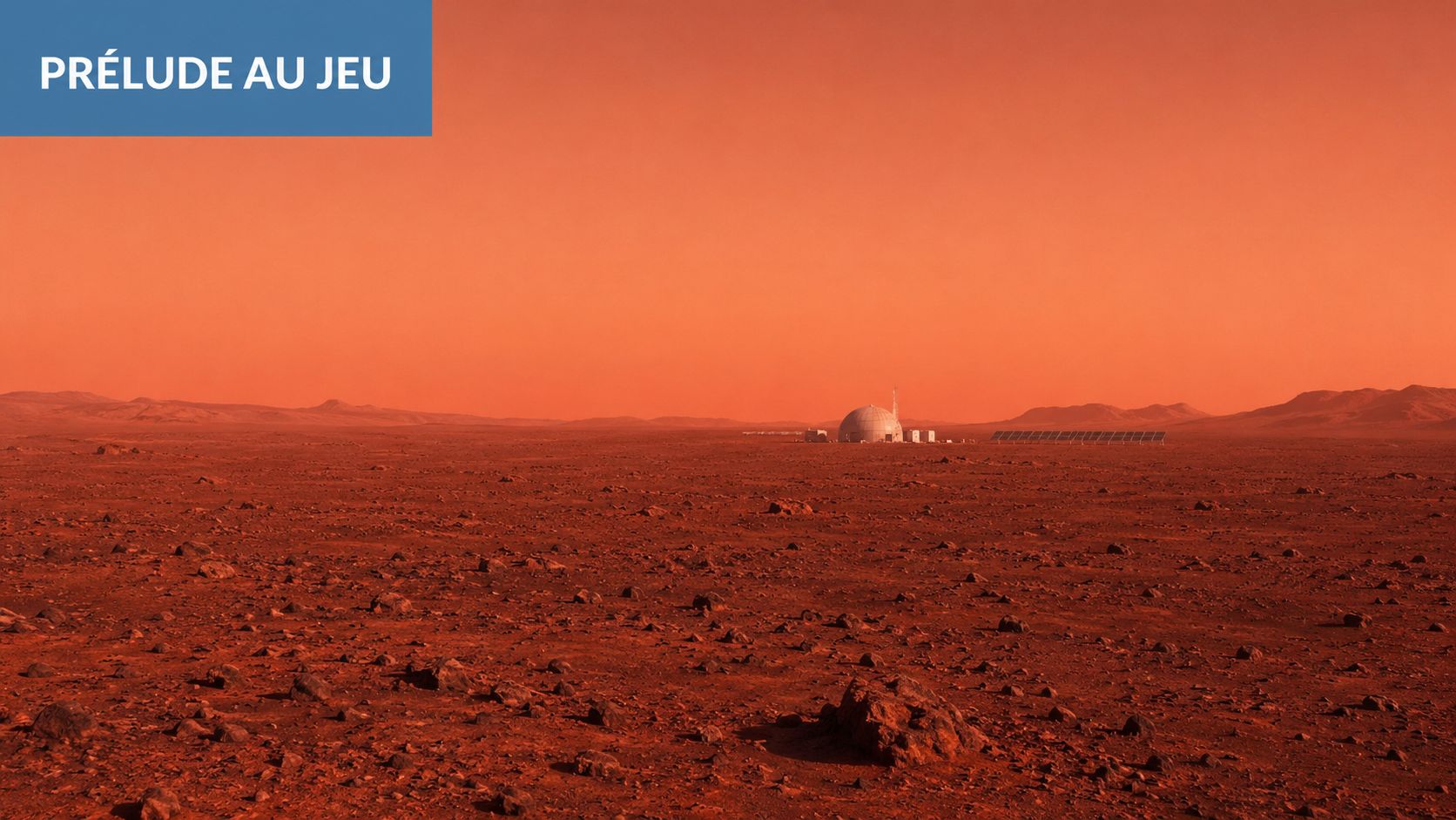 Paysage aride et désertique de la planète Mars avec une base de recherche et des panneaux solaires.
