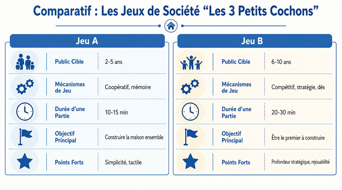 Tableau comparatif entre deux jeux de société basés sur le conte des trois petits cochons.