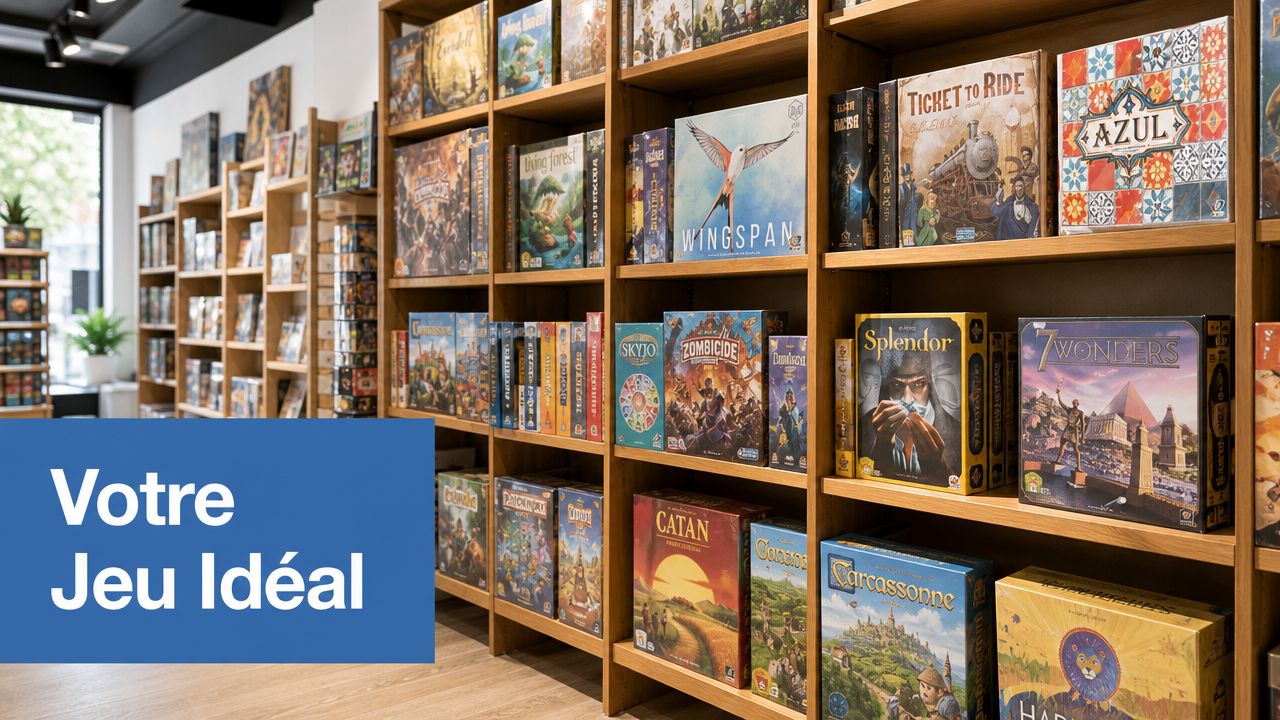 Rayonnages en bois remplis de nombreuses boîtes de jeux de société modernes dans une boutique spécialisée.