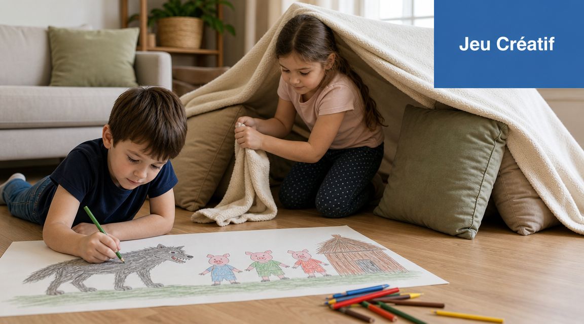Deux enfants heureux s'amusent ensemble à dessiner l'histoire des trois petits cochons à l'intérieur d'une cabane.