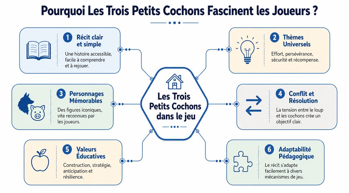 Une infographie montrant les six raisons pour lesquelles le conte des Trois Petits Cochons fascine les joueurs.