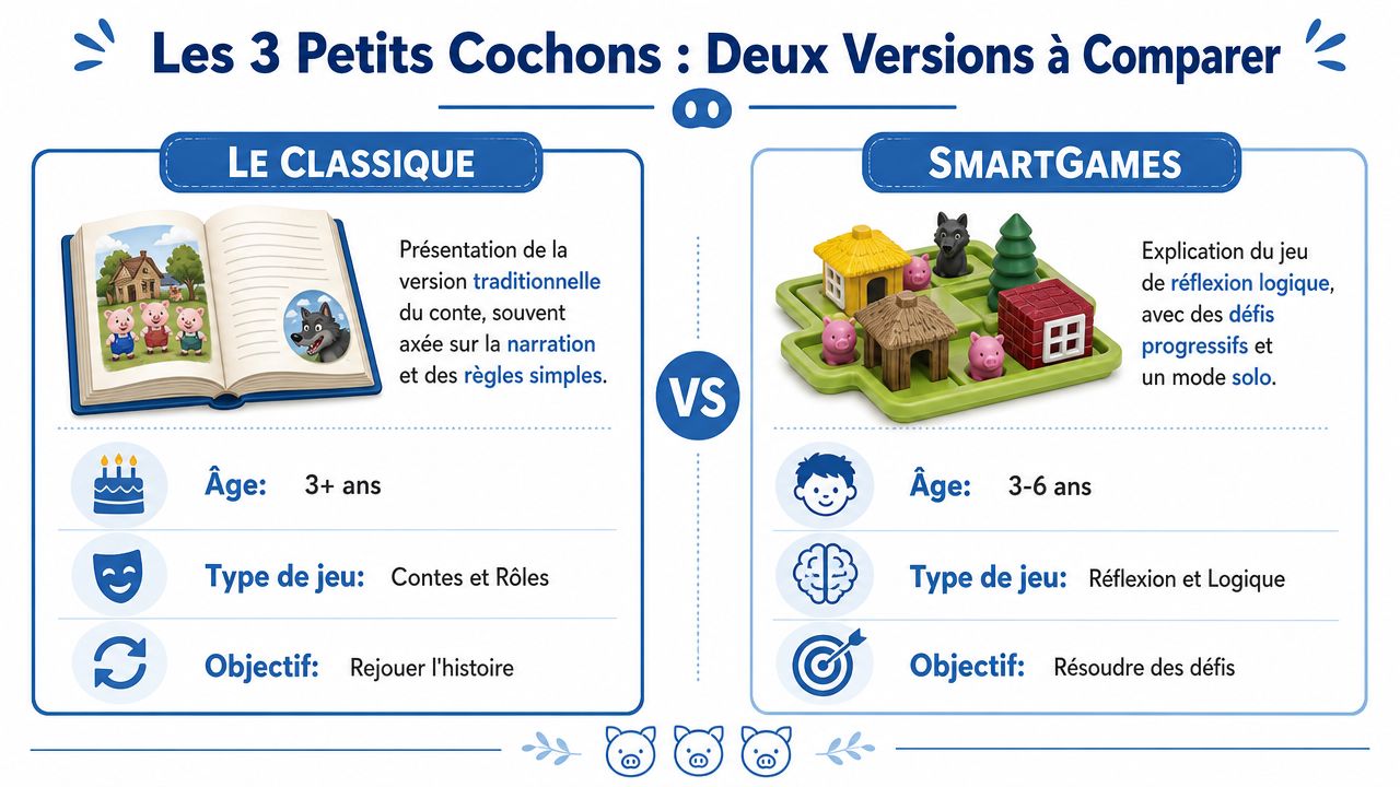 Comparaison entre le livre des Trois Petits Cochons et le jeu de réflexion SmartGames sur une image.