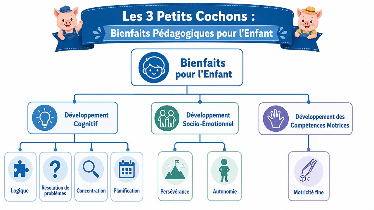 Infographie présentant les bienfaits pédagogiques du jeu des trois petits cochons pour le développement de l'enfant.