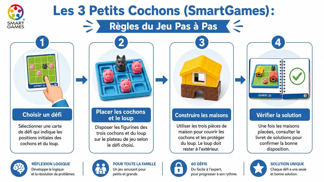 Instructions étape par étape pour jouer au jeu de réflexion Les 3 Petits Cochons de SmartGames.