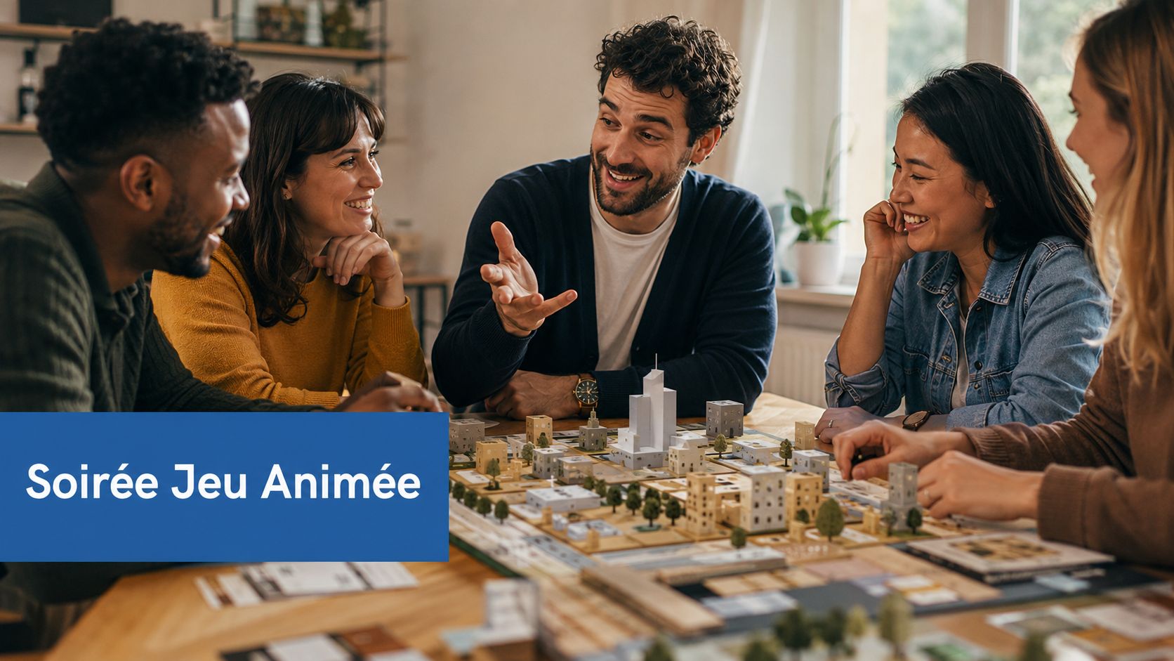 Un groupe d'amis souriants en train de jouer ensemble à un jeu de société de construction architecturale.