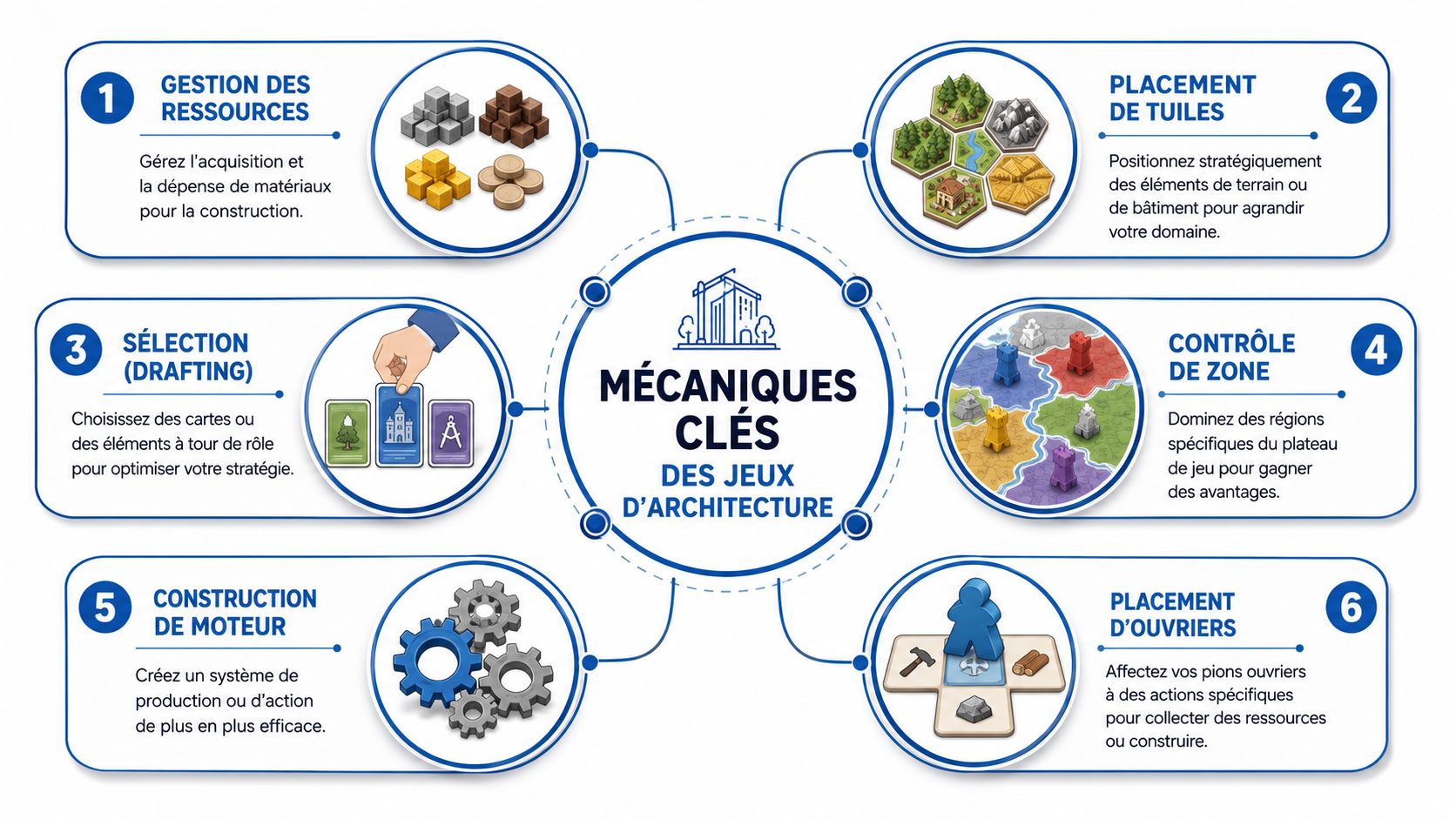 Une infographie illustrant six mécanismes de jeu essentiels pour les jeux de société sur le thème de l'architecture.